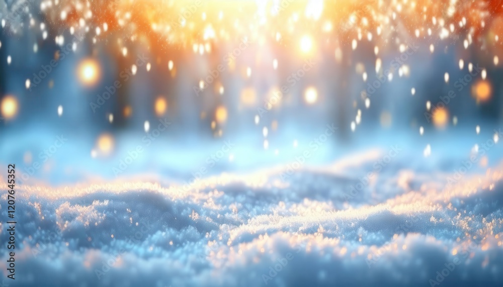 Poster golden sunlight sparkling over fresh snow, abstract winter background with warm bokeh lights and fro