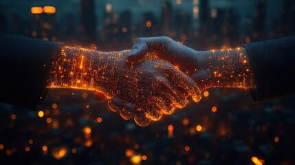 Digital partnership formation urban skyline business concept futuristic environment close-up