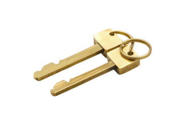 House key pair with metal house shaped keyring isolated on white background. PNG


