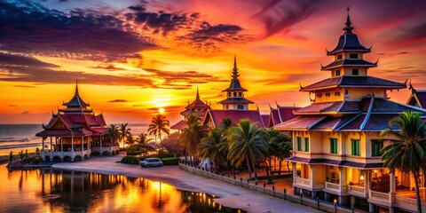 Obraz premium Italian charm meets Thai sands: Hua Hin's Venetian architecture at sunset.