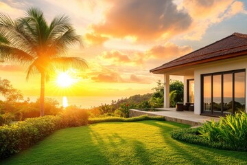 Fototapeta premium Serene Vibrant Sunset Over Coastal Landscape with Lush Greenery and Tranquil Atmosphere Perfect for Copy Space and Peaceful Retreats