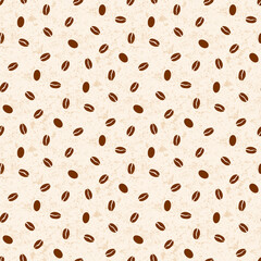 Coffee beans with textured background seamless pattern. Brown colored coffee grains for packaging or wrapping paper design