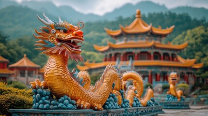 Fototapeta premium Golden Dragon Statue, Temple, Mountains, Asia, Tourism