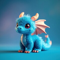 Adorable blue baby dragon with fluffy fur and pink wings, sitting on a blue background. Perfect for children's books, games, and fantasy illustrations.