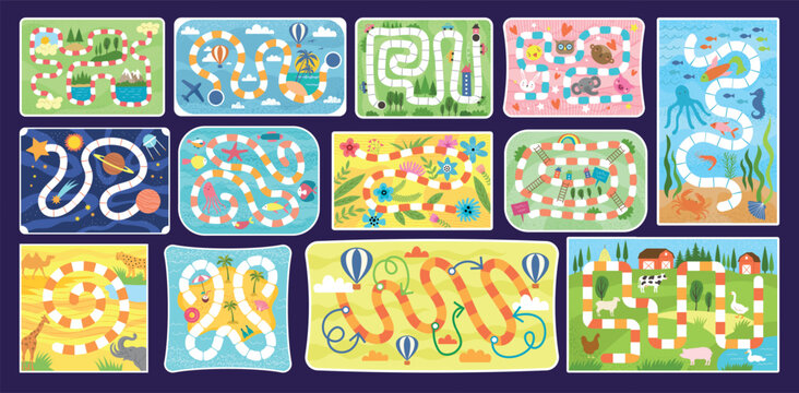 Step by step game. Maze map of fantasy board games for kids recent vector colorful illustrations with place for text and pictures