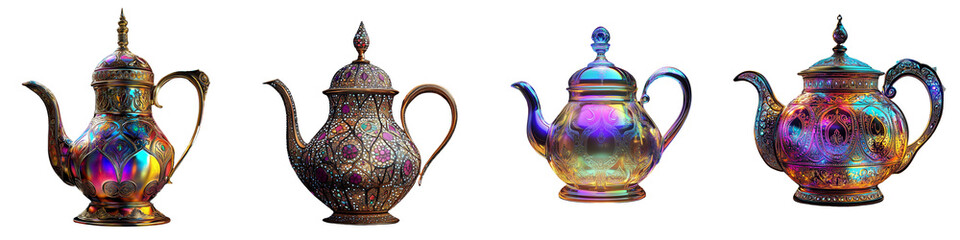  set of a teapot with intricate patterns illuminated by vibrant colors against isolated on a transparent background