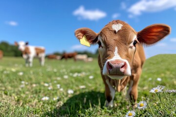 A charming young calf gazes curiously from a vibrant pasture filled with flowers, embodying the beauty of rural life and the connection to nature on a sunny day.