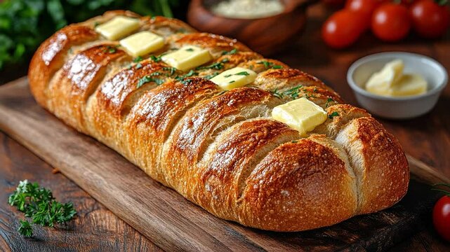 Freshly baked garlic bread topped with butter