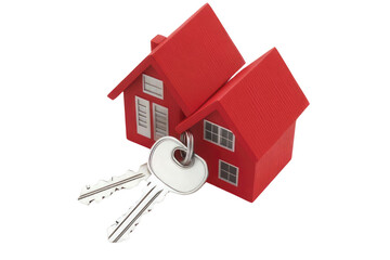 House key pair with metal house shaped keyring isolated on white background. PNG


