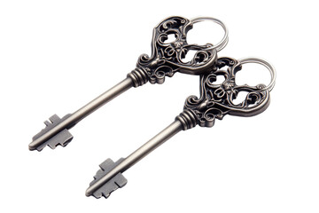 House key pair with metal house shaped keyring isolated on white background. PNG


