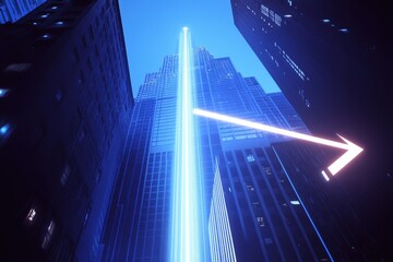 Obraz premium Stunning High-rise Building with Illuminated Tower in Urban Setting at Night Showcasing Modern Architecture Against a Twilight Sky