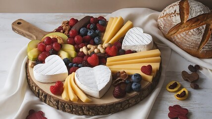 Valentine-themed charcuterie board with heart-shaped cheeses, chocolate-dipped strawberries, and assorted crackers, styled with flowers on a wooden platter