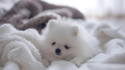 Fototapeta premium The Irresistible Allure of a White Pomeranian: A Fluffy Bundle of Joy