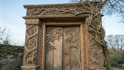Obraz premium Ancient wooden door with intricate carvings of forest creatures and vines, wooden archway, forest, ancient door, trees, foliage