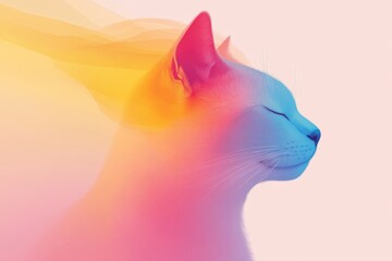 Colorful cat silhouette displays vibrant hues of pink and orange against a soft pastel background