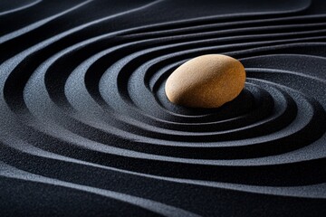 Naklejka premium A perfectly arranged Zen sand garden with concentric raked patterns and a single smooth stone at its center