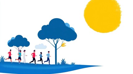 People Running in a Sunny Outdoor Park Landscape Illustration