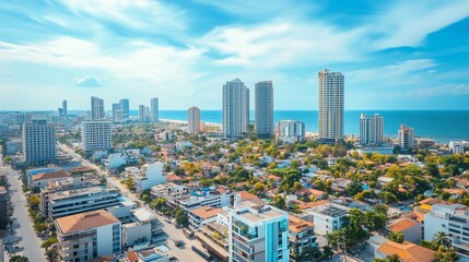 An aerial view showcases a coastal city with tall buildings and a bright blue sky and sea