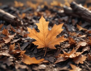 An oak leaf slowly losing its shape amidst the heat of a burning pile of brown leaves and hot wood , ashen sky, burning wood, flame