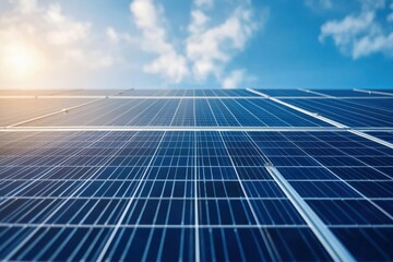 Obraz premium Urban Rooftop Solar Array Against a Bright Sky with Clouds, Showcasing Renewable Energy and Sustainable Living in a Modern Skyline Setting