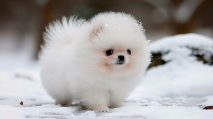 Fototapeta premium The Irresistible Allure of a White Pomeranian: A Fluffy Bundle of Joy