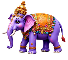 Purple elephant with golden headdress on transparent background