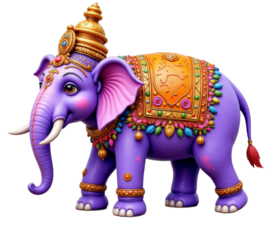 Purple elephant with golden headdress on transparent background