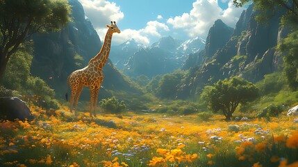 Giraffe in a vibrant mountain meadow.