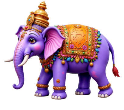 Purple elephant with golden headdress on transparent background