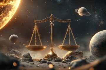 A realistic depiction of a Libra scale glowing with cosmic energy, with stars and planets swirling around it