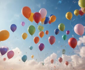 Balloons caught in a breeze with swirling motion, twisted air-filled orbs rotating, zephyr-borne balloons dancing