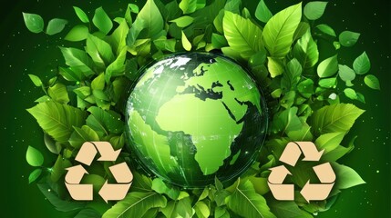 Ecology concept. Green planet with recycle sign and leaves. Vector illustration