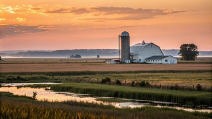 Obraz premium Barn and silo on a farm overlooking the Horicon Marsh Wildlife Area during sunset, rural scene, countryside