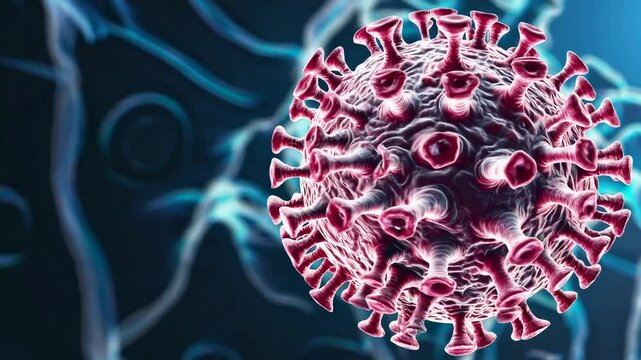 Microscopic view of virus with spikes, scientific illustration. Infection and disease concept