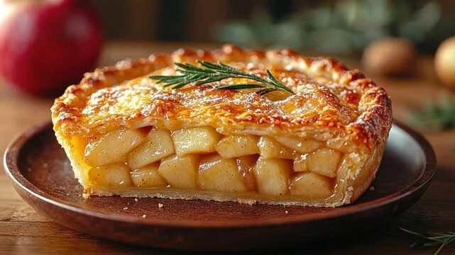 Freshly baked apple pie with golden crust and rosemary garnish
