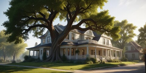 Obraz premium Beautiful large house with a prominent tree in the foreground, suburban, scenery