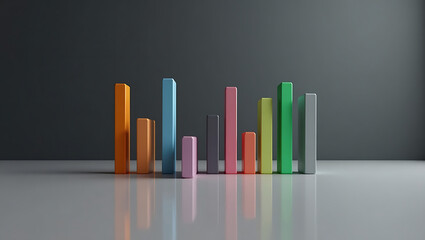 Obraz premium Vivid 3D Bar Chart with Gradient Colors on Reflective Surface, Modern Data Visualization Concept