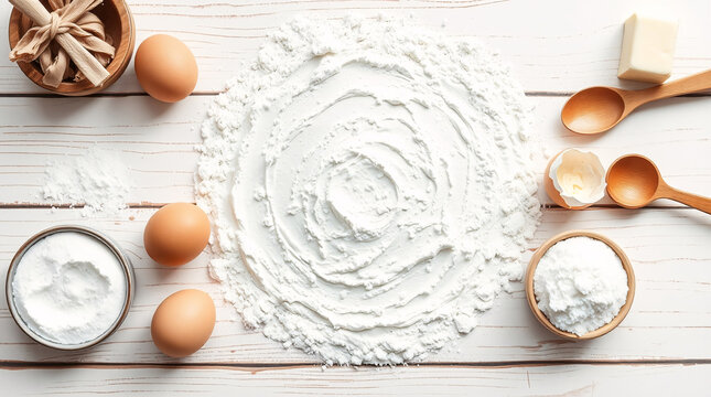 flat-lay of baking ingredients on rustic wooden kitchen counter, showcasing essential tools and items for creating delicious homemade baked goods