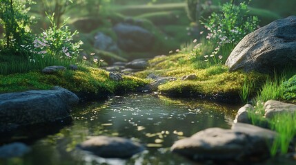 Obraz premium Serene Stream in a Sun-Dappled Forest