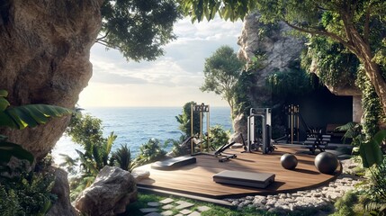 Luxury Ocean View Fitness Retreat: Tranquil Cave Gym with Stunning Coastal Panorama