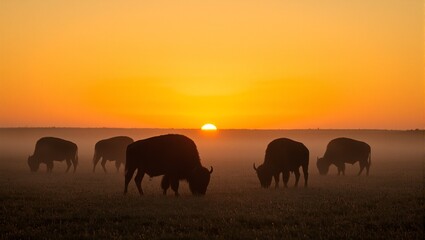 Fototapeta premium Bison grazing at sunrise on misty plains silhouetted against the rising sun