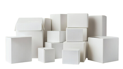 A collection of white empty carton boxes, isolated on white background