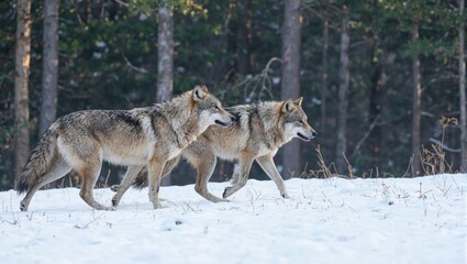 Fototapeta premium Two wolves hunting in snowy forest with dense trees