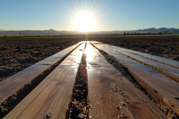 Naklejka premium This stunning image captures wooden boards reflecting golden sunlight, symbolizing farming efforts and the beauty of nature at sunrise in an agricultural setting.
