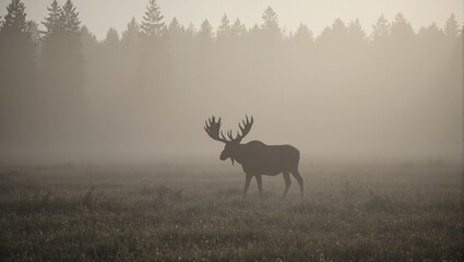Majestic bull moose in misty Canadian forest