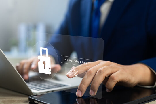 Cybersecurity protects login and secure internet access, Businessman secure data on laptop with encryption and network protection. Secure login and digital privacy, Business confidentiality,