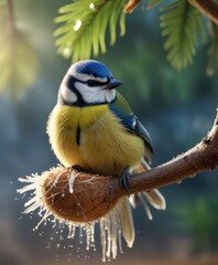 Obraz premium Blue tit's feathers glistening with dew on the morning of a coconut feeder, early morning, outdoor photography