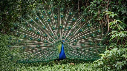 Obraz premium Vibrant peacock displaying colorful feathers in lush jungle setting