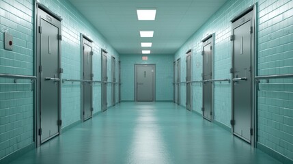 Empty hallway on death row. A long, turquoise corridor with multiple doors and bright lighting.