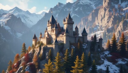Fototapeta premium Bokeh medieval castle in the mountains with snow-covered peaks and pine trees, winter scenery, mountainous, natural